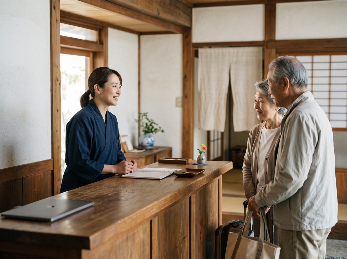 旅館のフロントで、スタッフが笑顔でご夫婦のお客様と話している様子（イメージ）