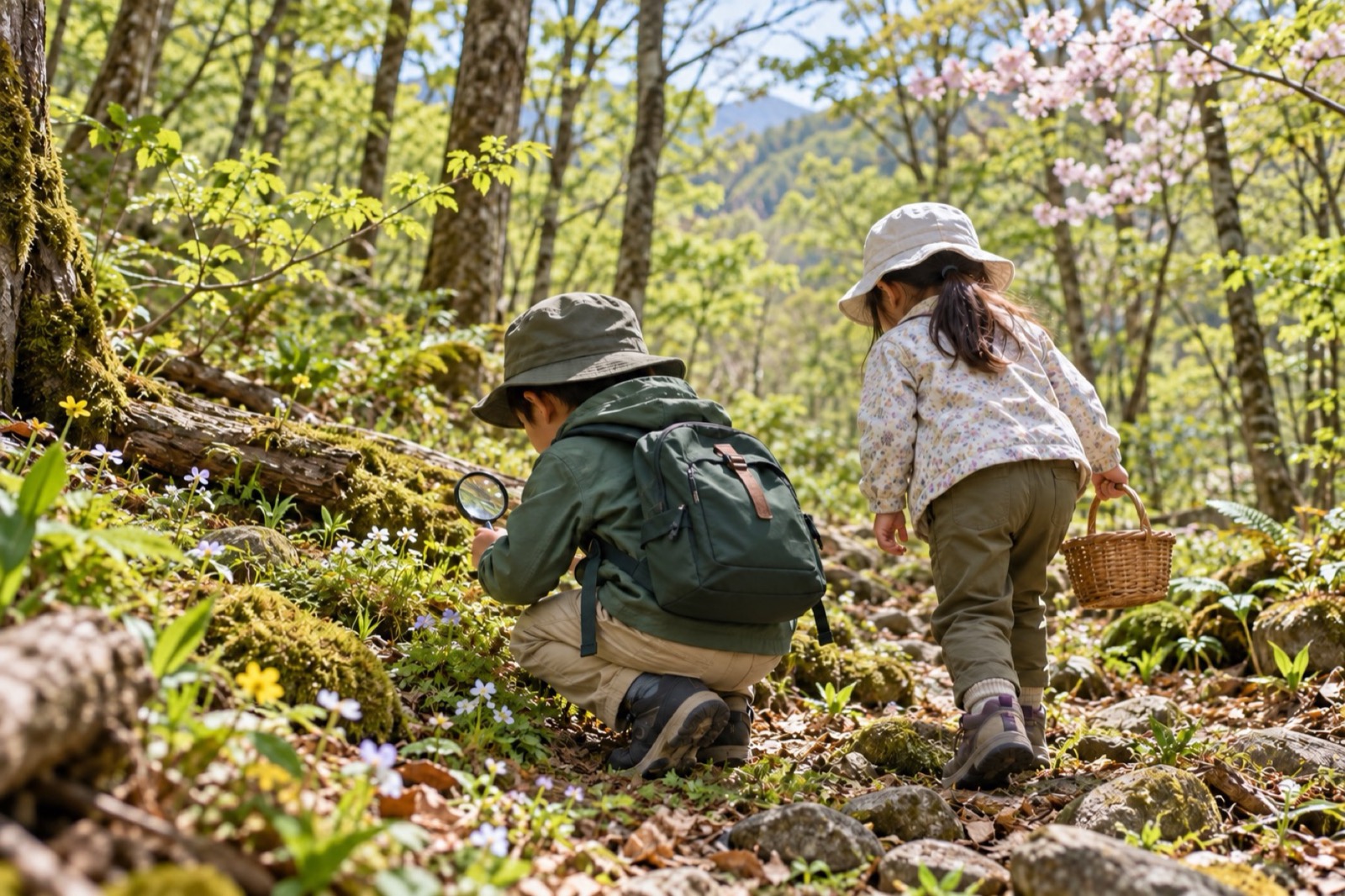 虫めがねを持って森を探検する子どもたちの後ろ姿