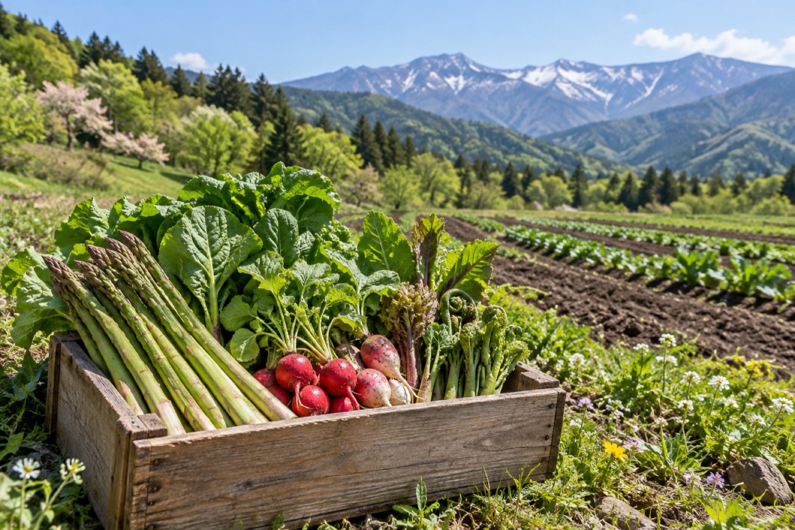 高原の畑と、とれたての野菜の木箱