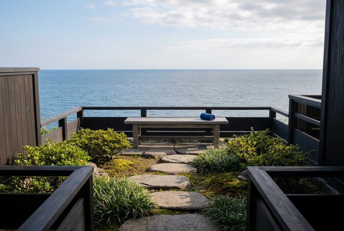 庭のベンチと、その先に広がる海